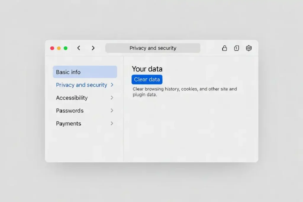 Browser settings screen showing the option to clear cache and cookies as a fix step