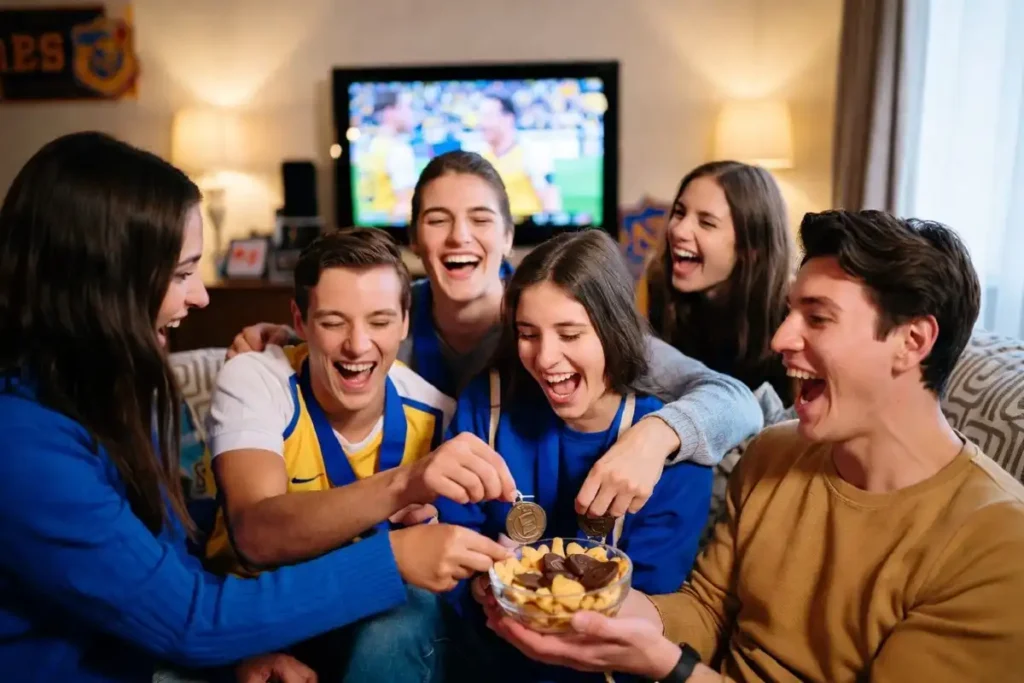 Family sharing treats and cheering together during a sports celebration