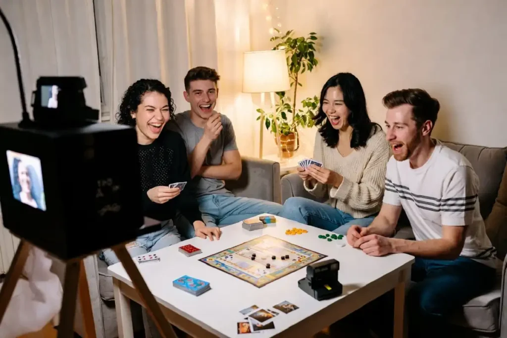Family and friends playing games together at a home celebration