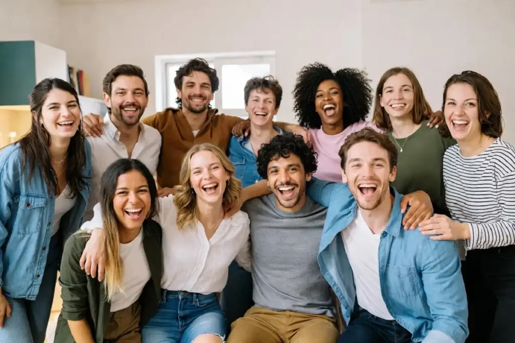 Friends smiling and sharing a happy everyday celebration moment together