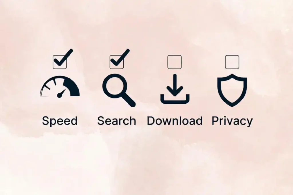 Checklist icons comparing speed, search, download, and privacy for GIF sites