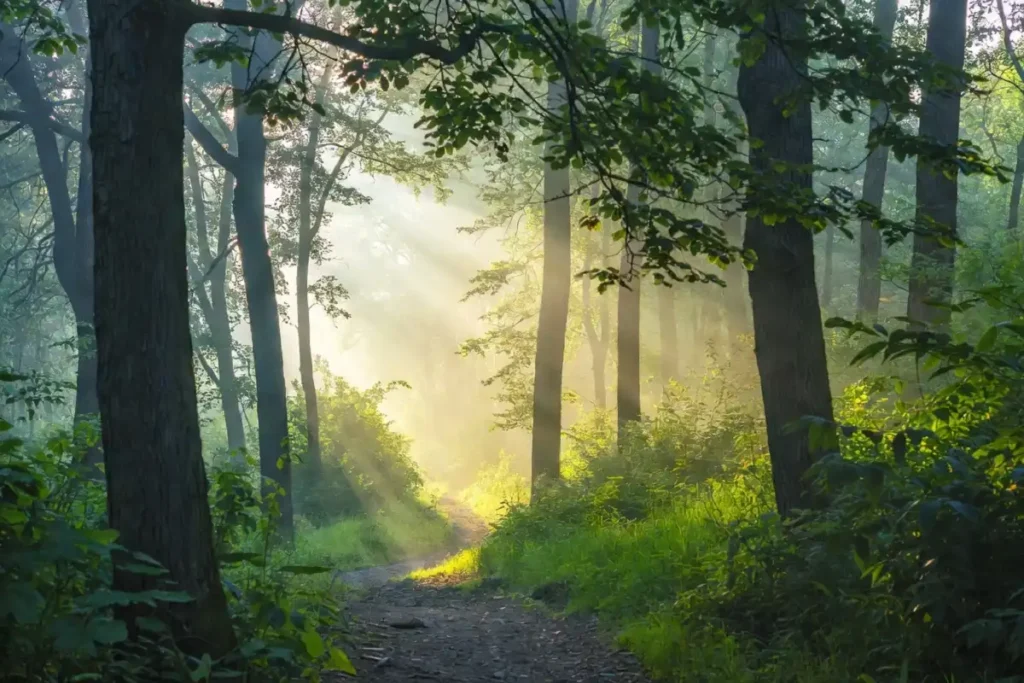 Sunlight shining through tall forest trees along a quiet foggy trail
