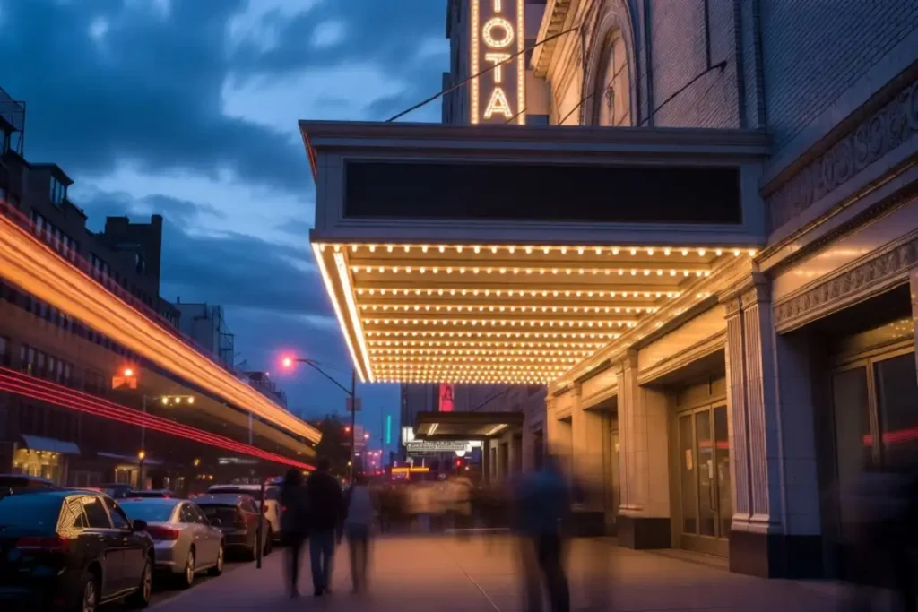 Broadway theatre marquee glowing at dusk in New York City