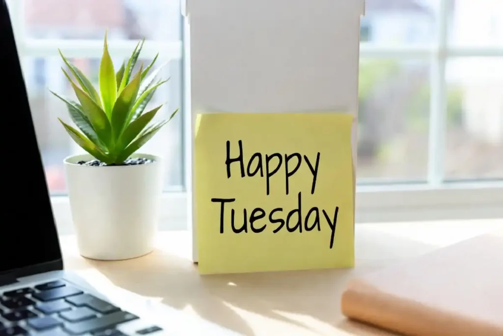 Desk with sticky note showing happy tuesday quotes for motivation