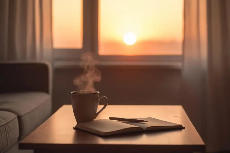 Morning coffee and notebook representing happy tuesday quotes