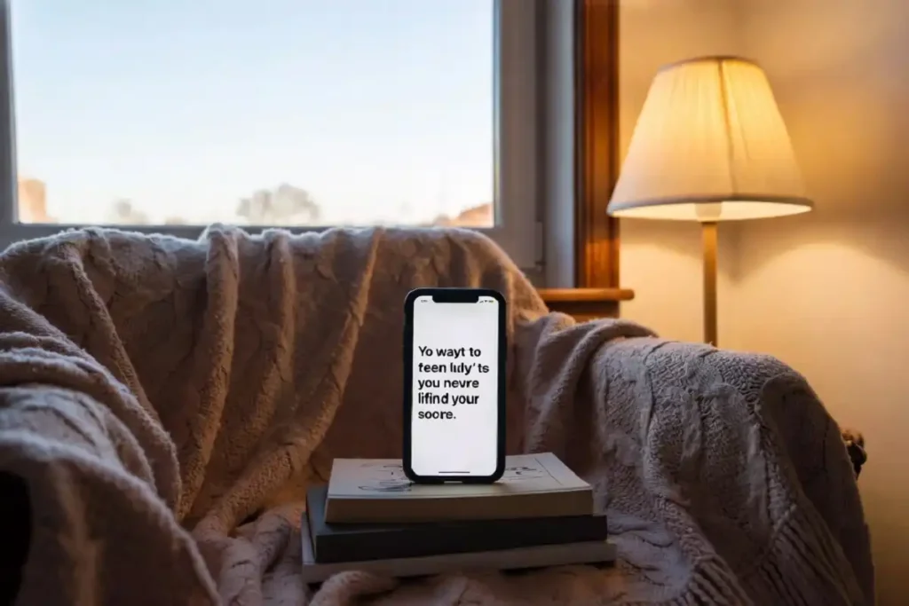 Phone showing happy tuesday quotes in a cozy reading nook