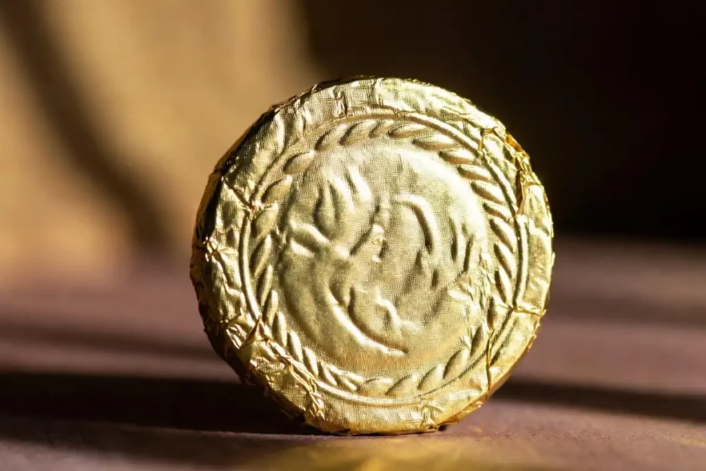 Close-up of a gold foil wrapped Team USA chocolate medal with embossed design
