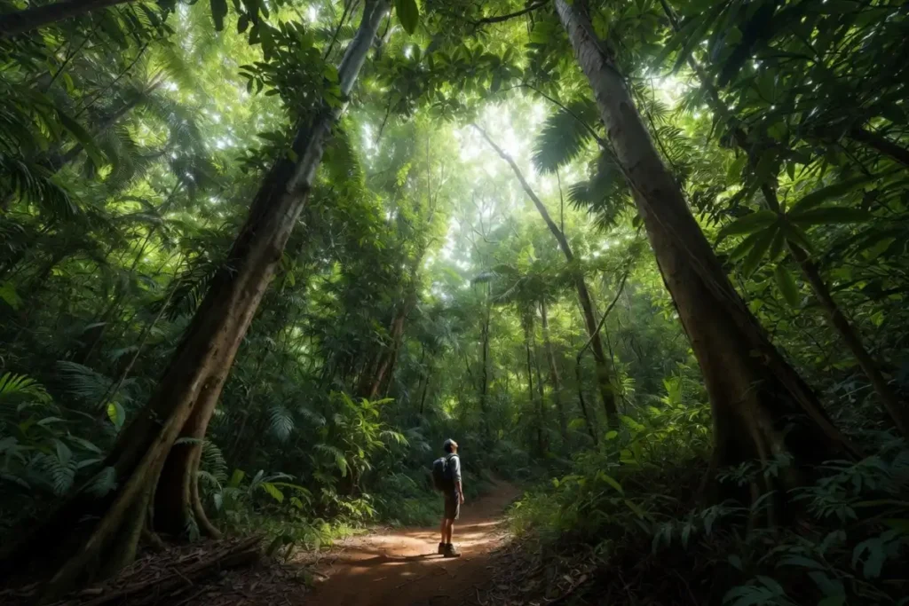 Hiker looking up at the tree canopy from a jungle trail surrounded by tall green trees
