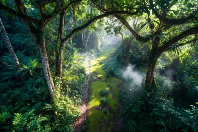 Aerial view of a historic jungle trail winding through dense green trees with morning mist