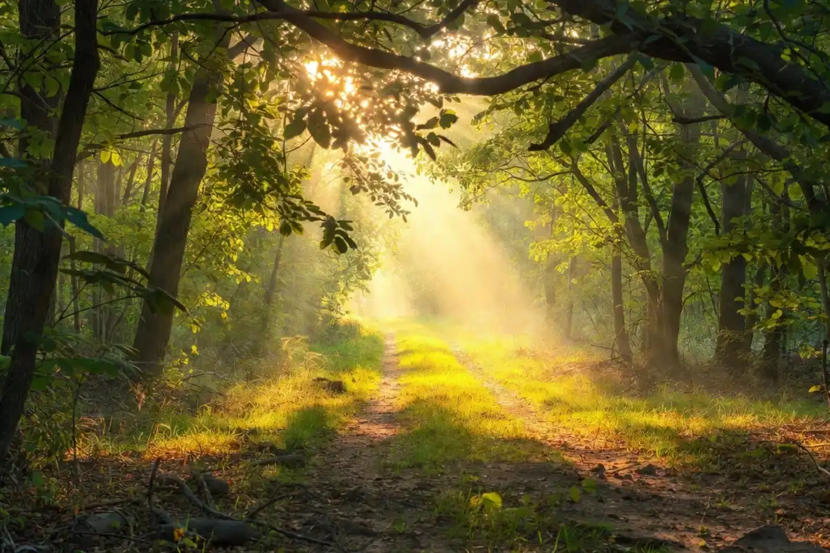 A sunlit forest path representing motivation and inspiration for a positive journey ahead