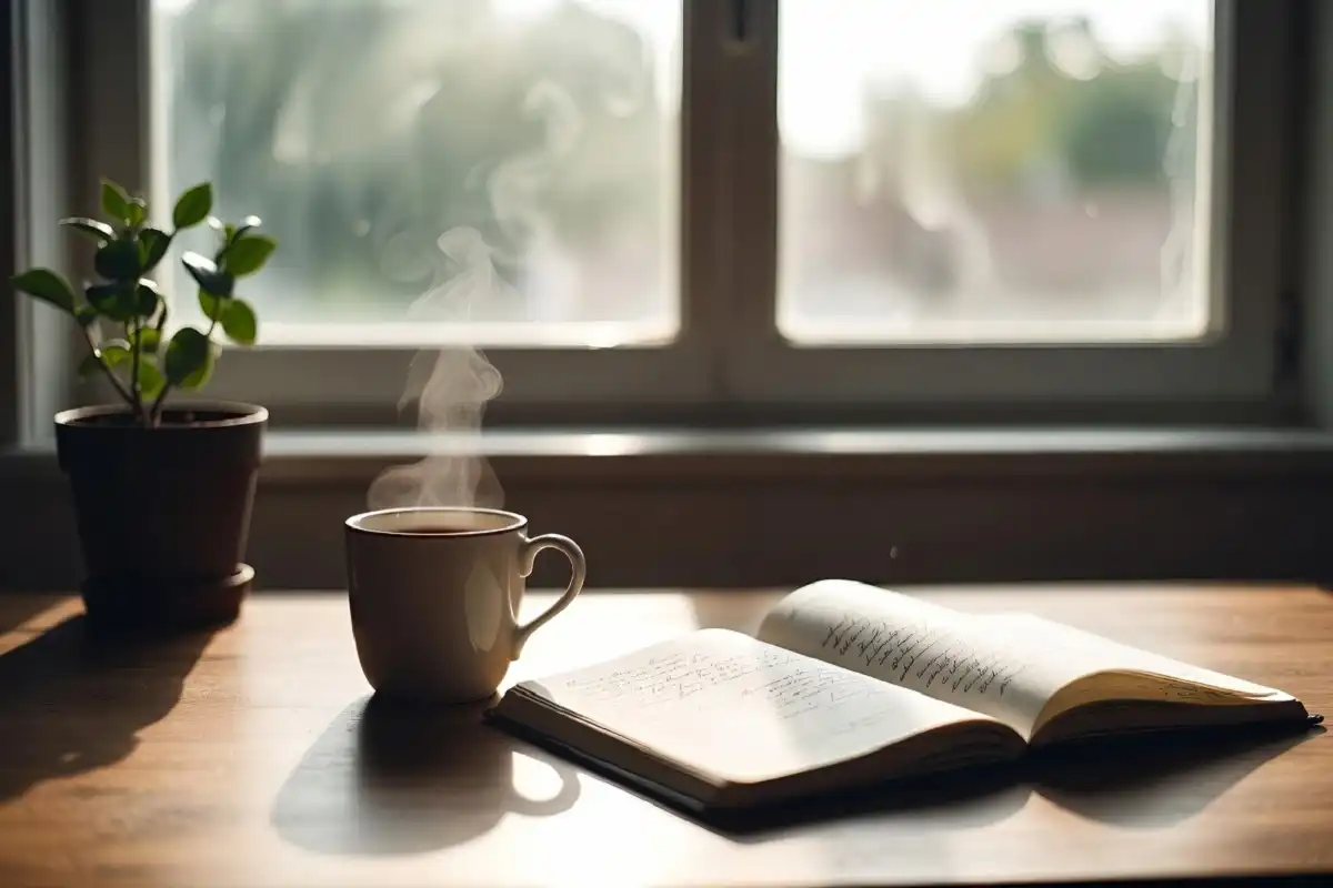 Motivational quotes written in a notebook on a sunlit morning desk