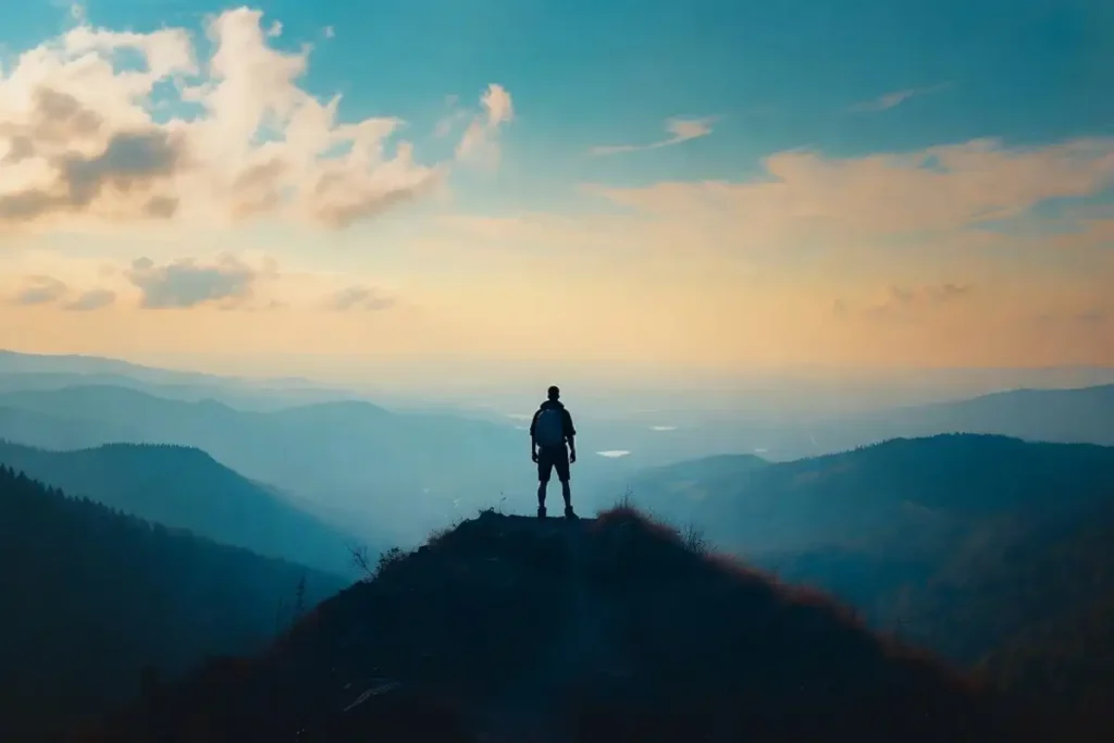 hiker on mountain ridge for nature beauty captions post