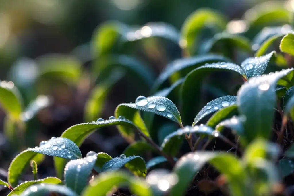 Close-up of morning dew drops resting on bright green leaves