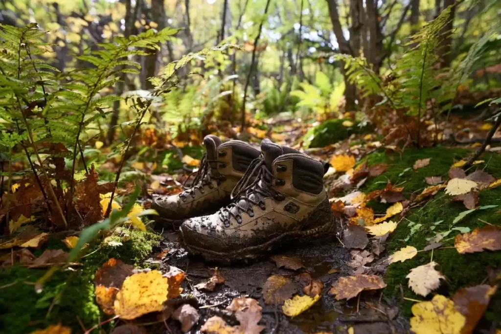 Hiking boots on a mossy nature walk trail surrounded by green ferns