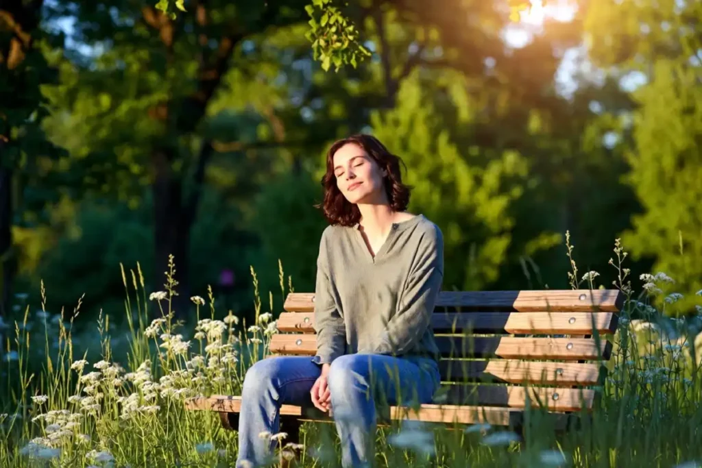 Woman resting on a park bench surrounded by wildflowers during a nature walk
