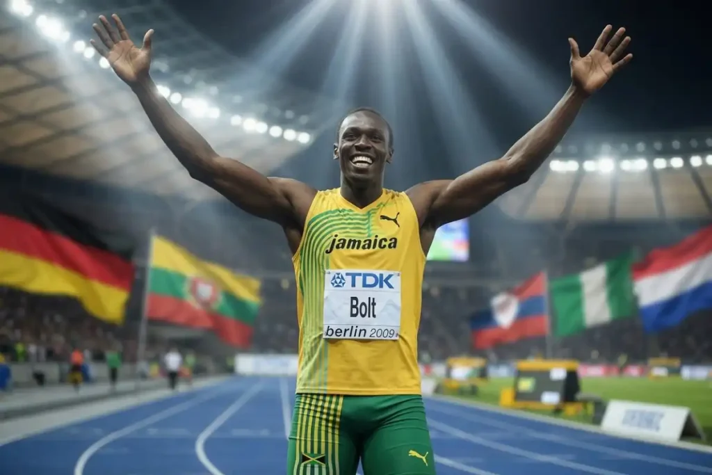 Athlete celebrating with arms raised after winning an Olympic sprint final