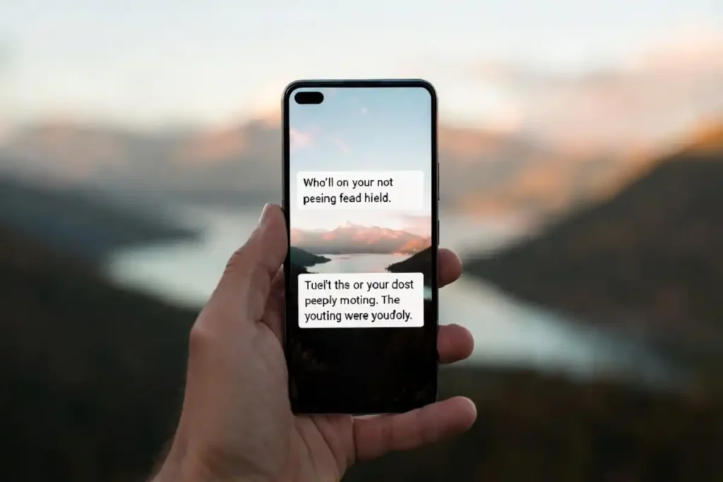 Phone showing a short motivational line over a calm mountain photo