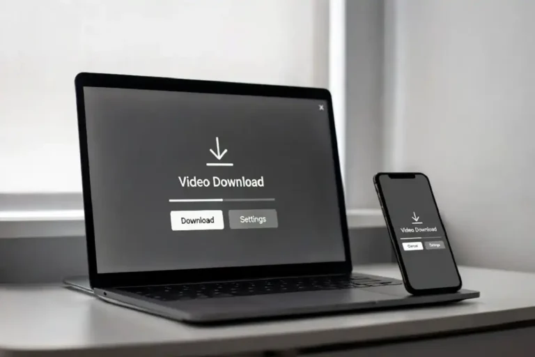Laptop and phone showing a redgif download tool interface on a clean desk
