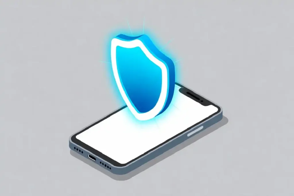 Shield icon over a phone screen showing safe video saving