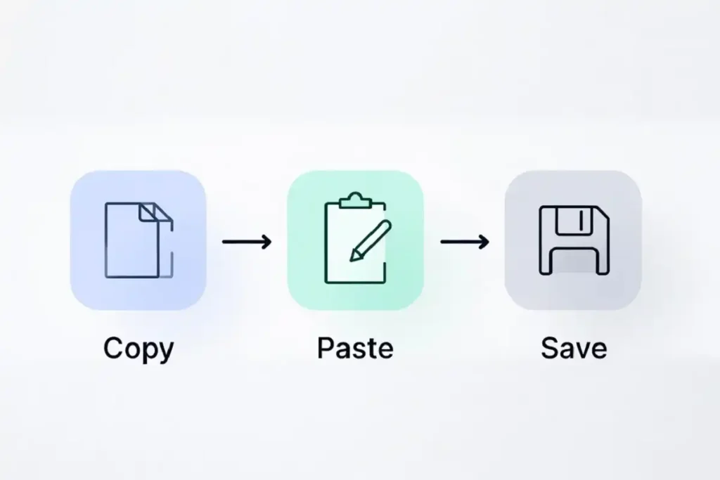 Flow chart showing copy link, paste, and save steps for a download tool
