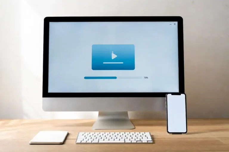 Phone and laptop showing a video saving in MP4 format for offline use