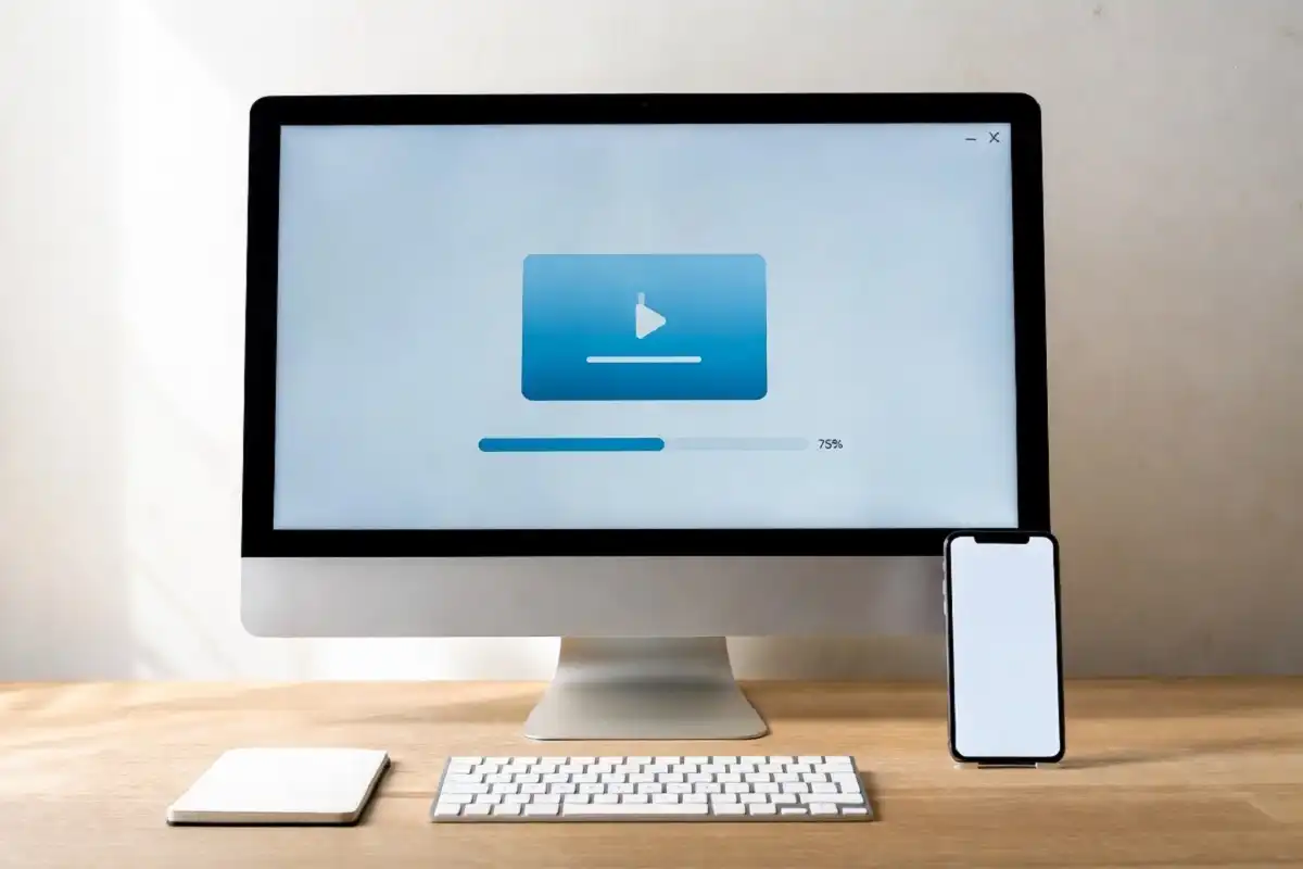 Phone and laptop showing a video saving in MP4 format for offline use