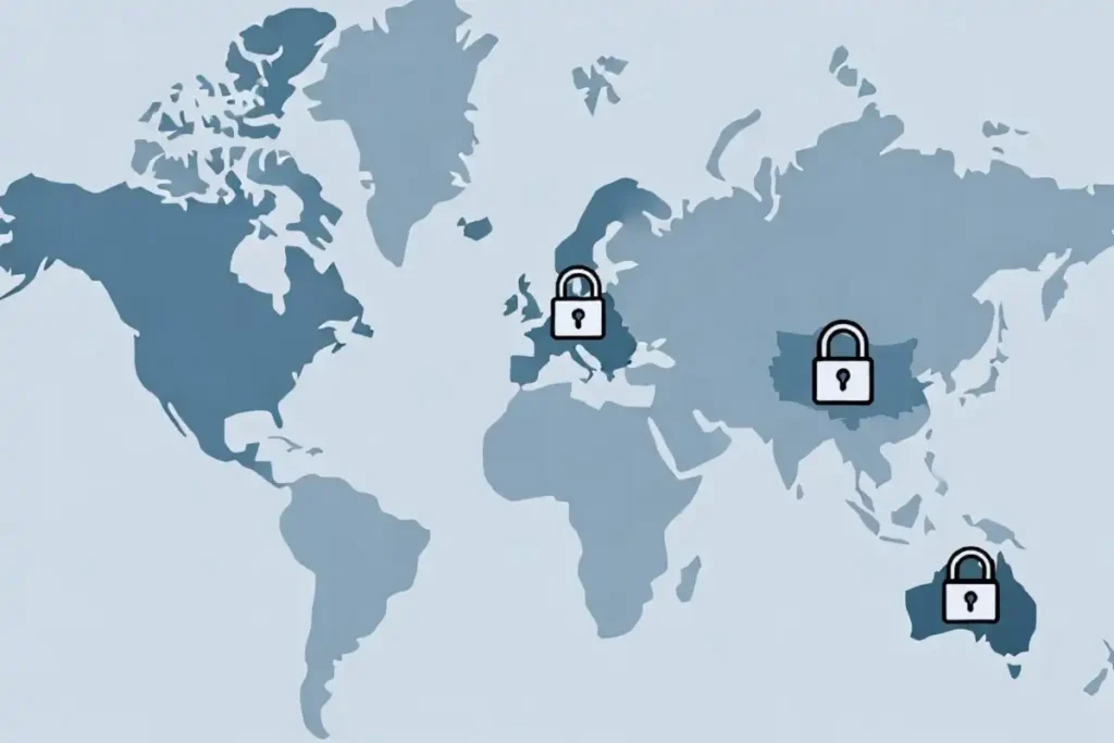 World map highlighting UK, US and Australia with lock icons for online safety rules