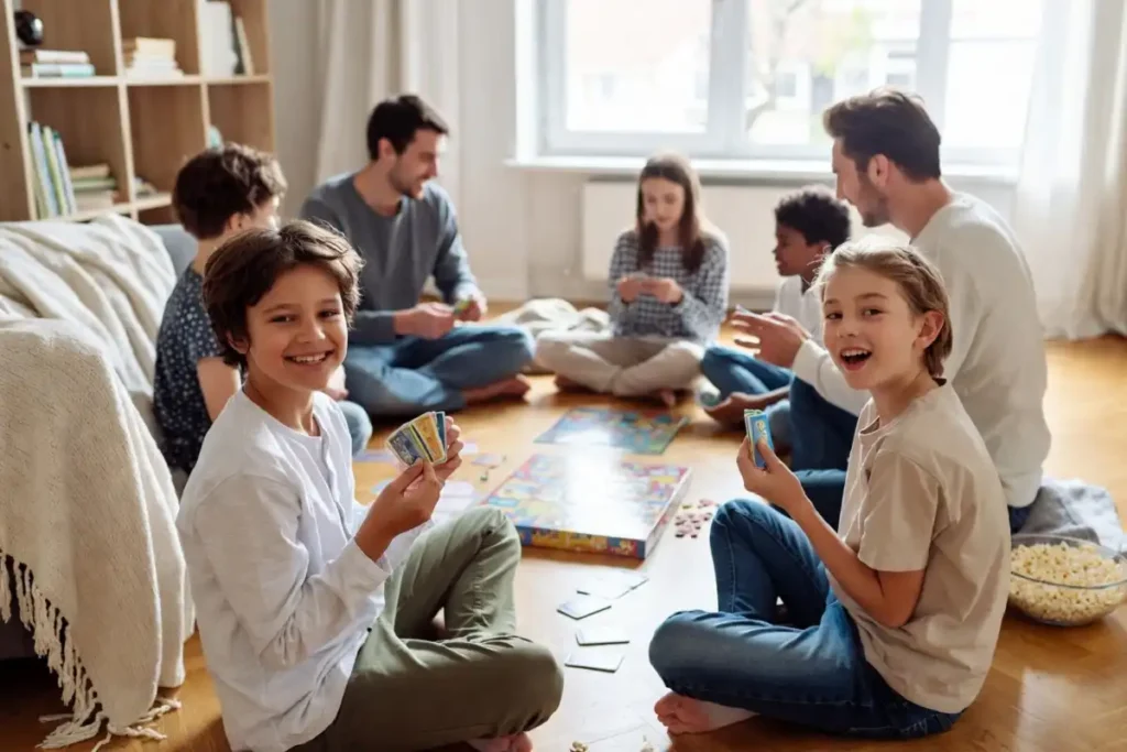 Parents and kids playing a board game together on the living room floor