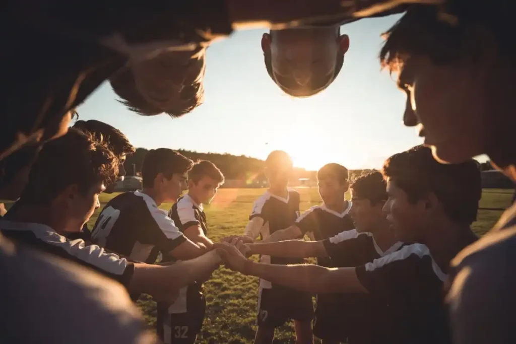 Sports team huddling together with hands stacked — motivational quotes for sports teams
