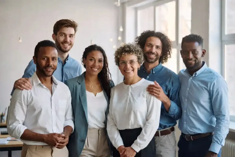 Diverse team of professionals standing together smiling — team building quotes to inspire unity