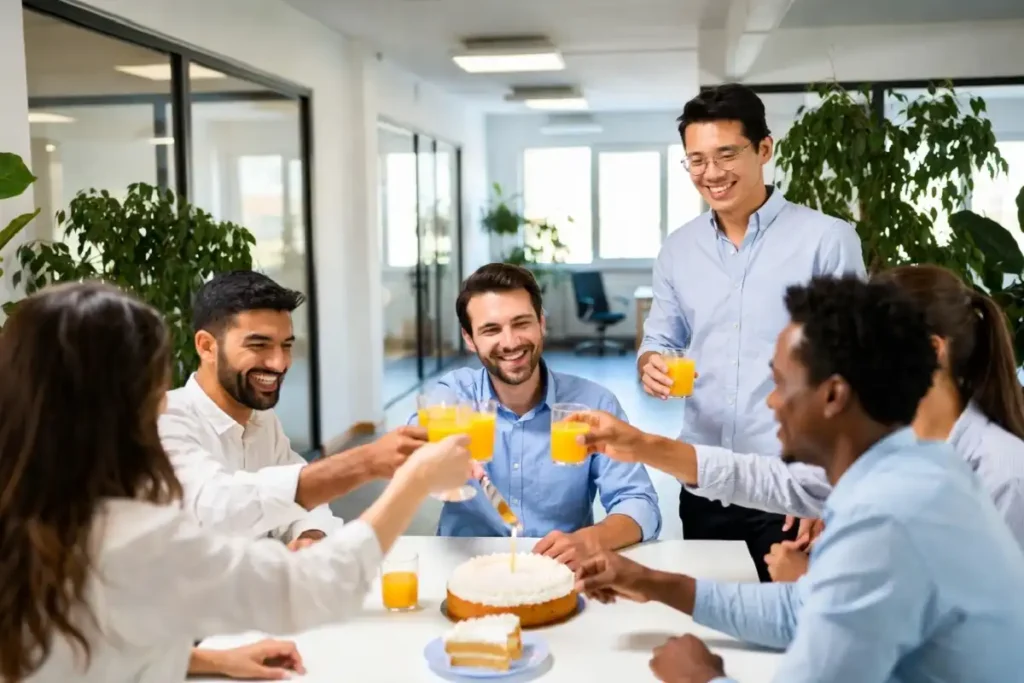 Small team athered around a table celebrating a work anniversary
with cake and raised glasses in a bright office
