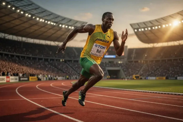 Sprinter racing down an Olympic track representing Usain Bolt the greatest runner