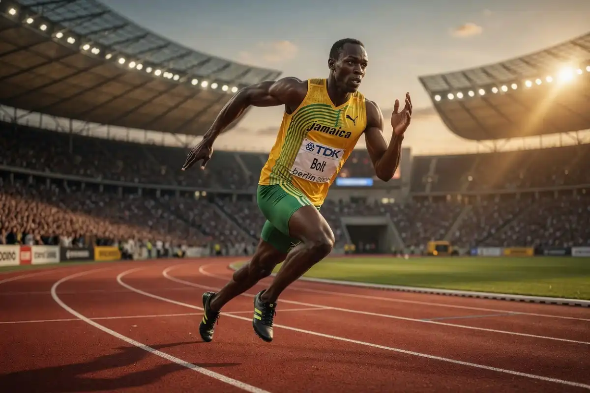 Sprinter racing down an Olympic track representing Usain Bolt the greatest runner