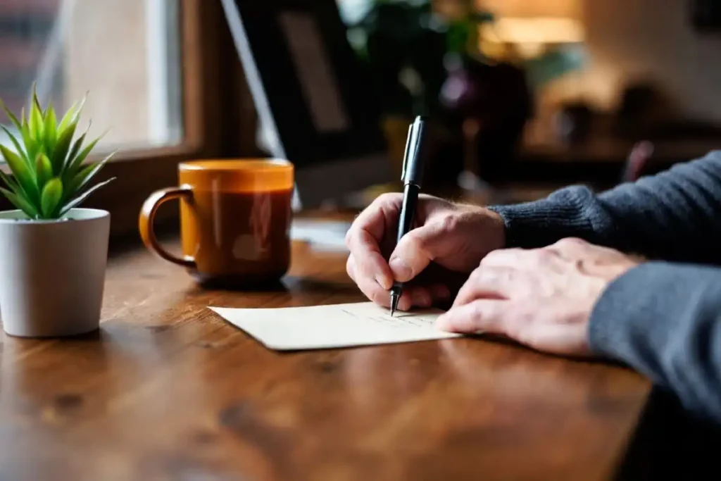 Person writing a heartfelt work anniversary card by hand at a
wooden desk with a warm mug nearby