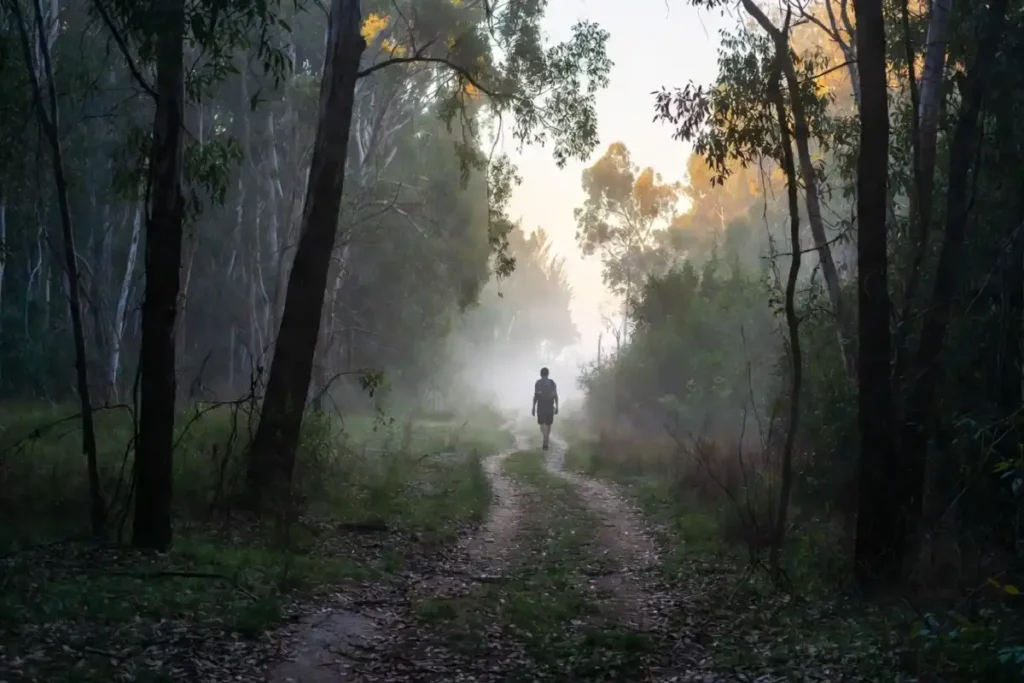 Hiker walking a forest trail as part of a daily mindset improvement routine