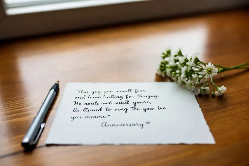 Handwritten short anniversary wish for parents on a card with flowers nearby