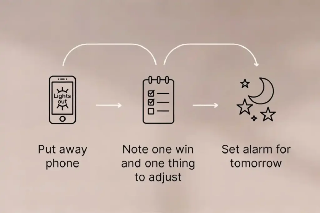 Three-step evening checklist that supports daily mindset improvement and better sleep