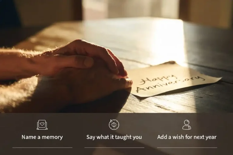 Infographic showing the three-step formula for anniversary wishes for parents over a photo of an older couple's hands