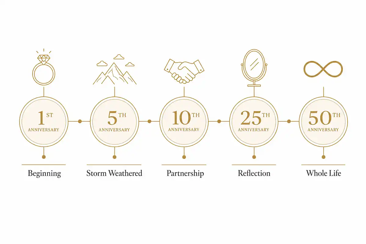 Infographic showing how wedding anniversary wishes for wife change by milestone year