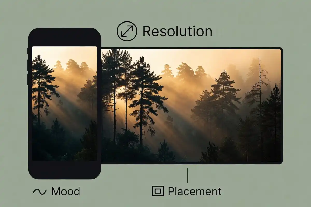Forest aesthetic wallpaper displayed on phone and desktop with resolution and mood tips