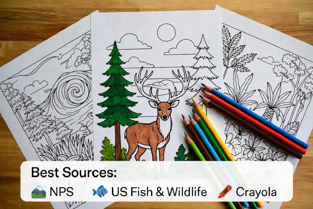 Free printable nature coloring pages from top sources laid out with colored pencils