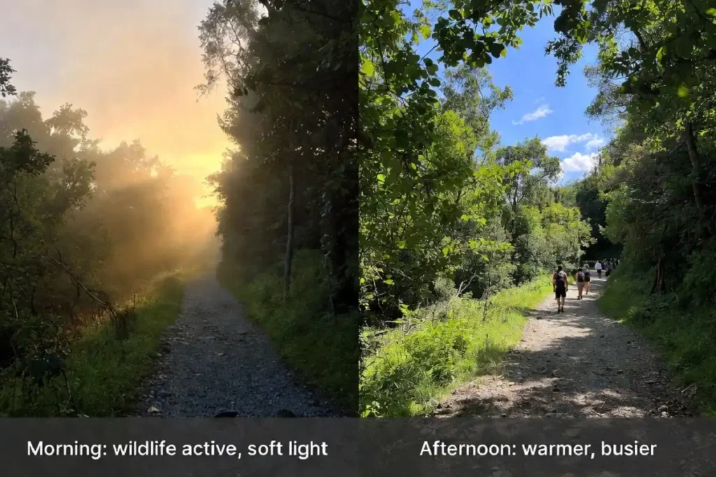 Nature center travel comparison of morning and afternoon visit conditions on a forest trail