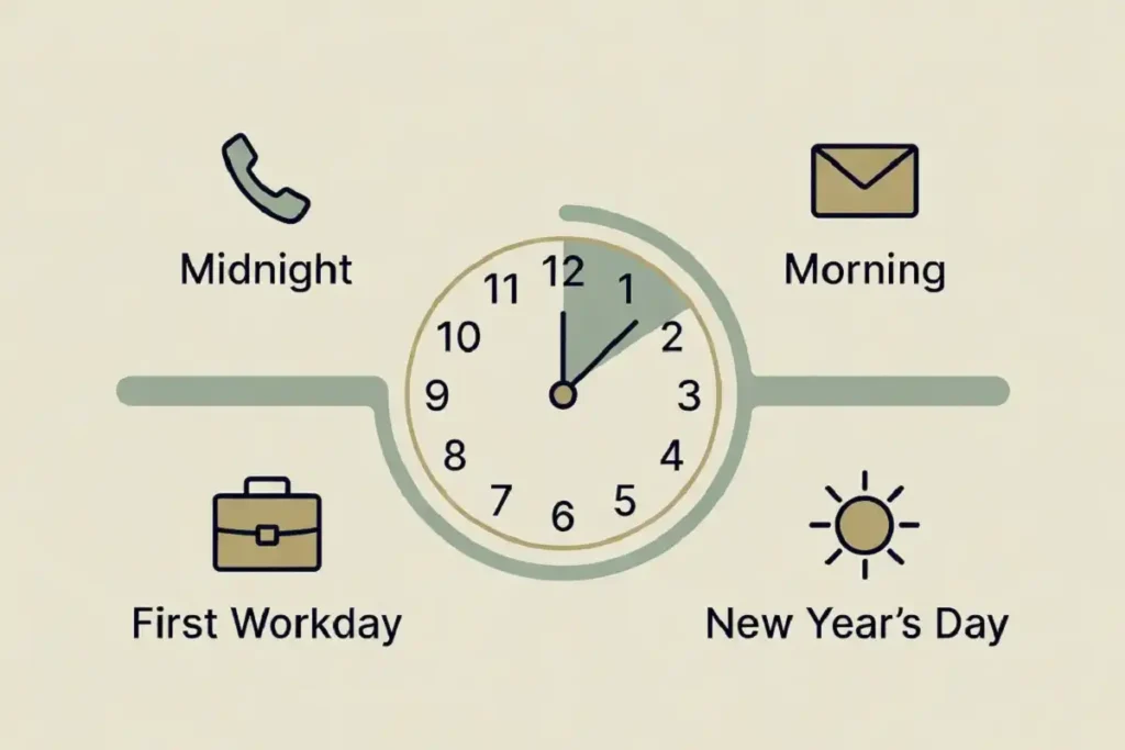 Infographic showing the best times to send happy new year wishes 2027 by platform