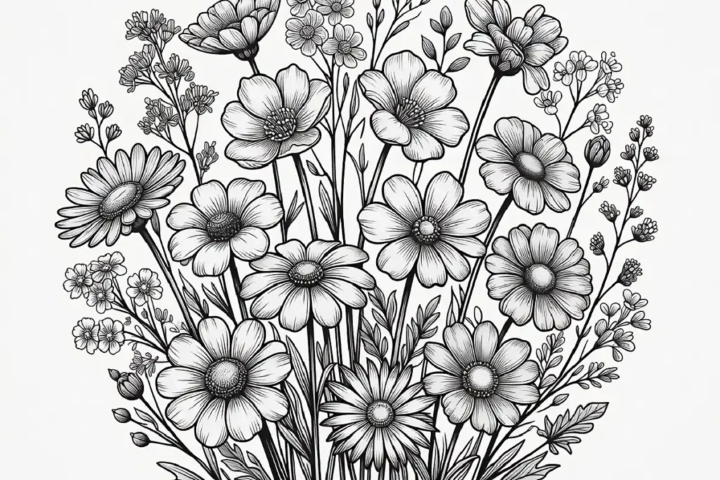 Printable nature coloring page with a wildflower mandala design