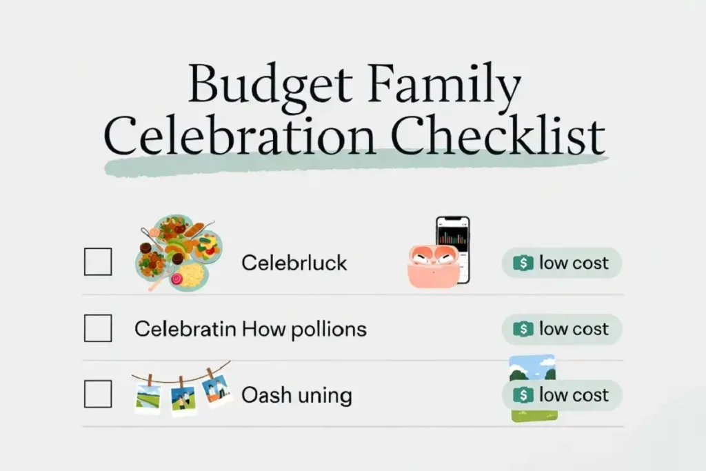 budget-friendly family celebration ideas shown in a simple cost-saving checklist.