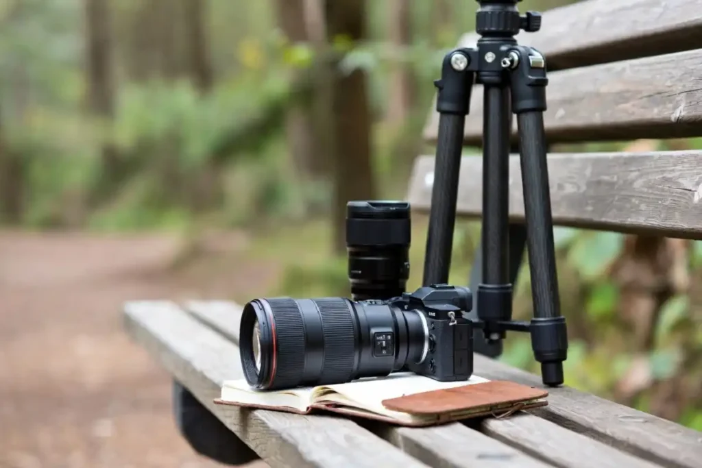 Nature photography gear including camera, lenses, and tripod on a bench