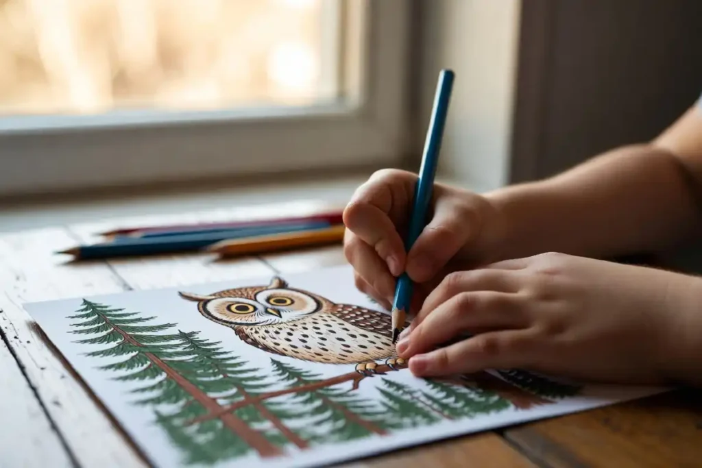Child using free printable nature coloring pages featuring a forest owl scene