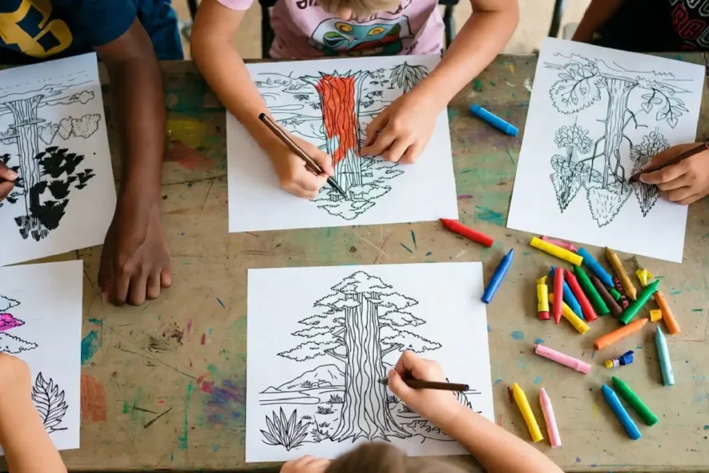 Kids coloring printable nature coloring pages in a classroom setting