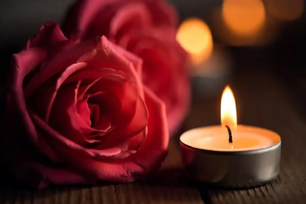 Close-up of red roses and candlelight showing romantic valentines day images free style lighting