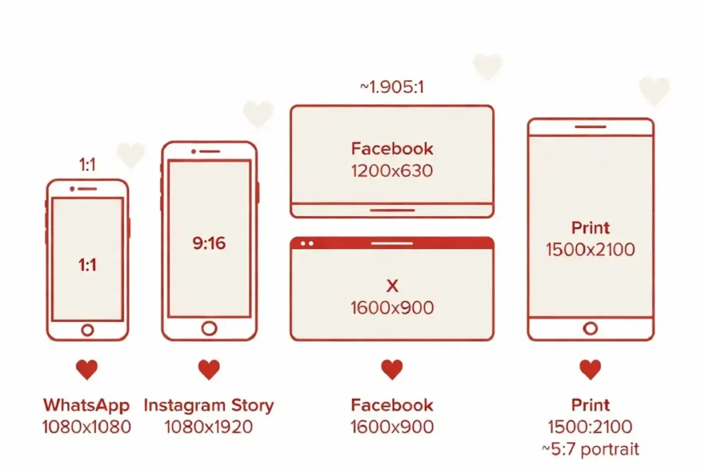 Infographic of happy valentines day images sizes for WhatsApp, Instagram, Facebook, X, and printed cards